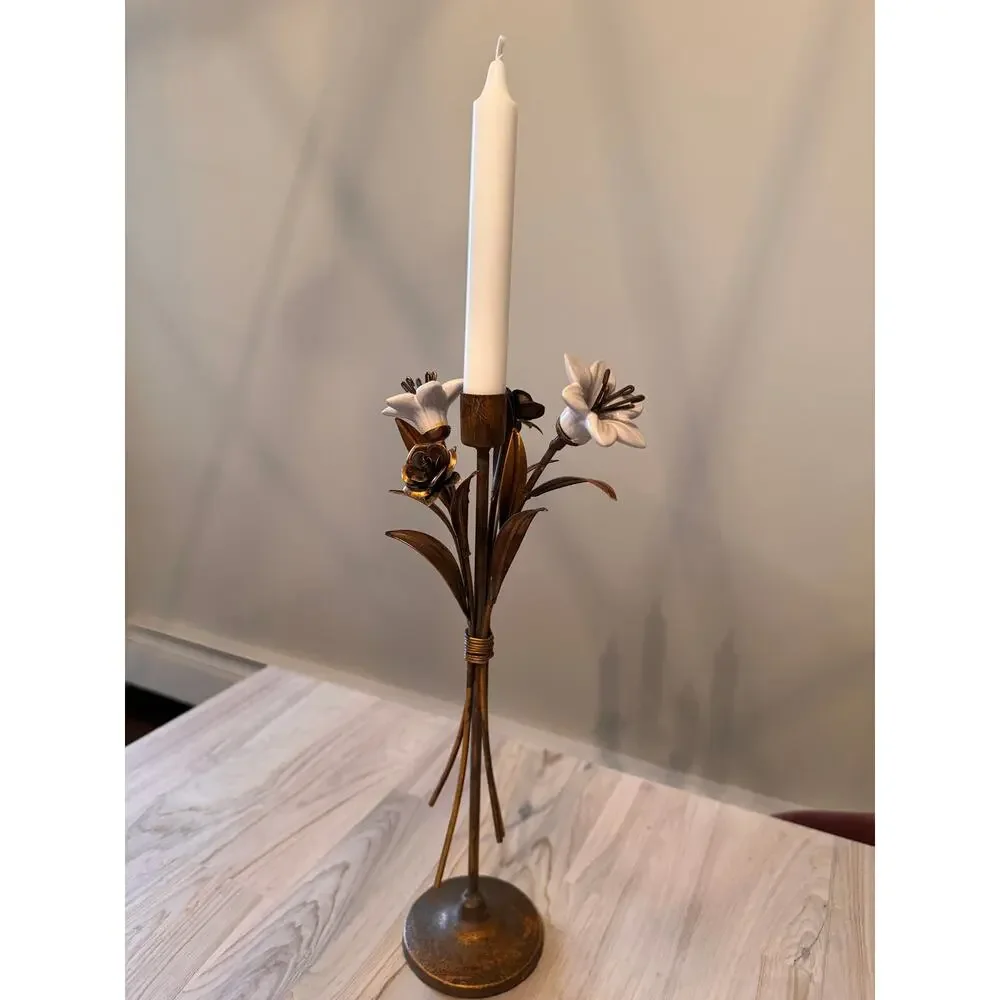 VINTAGE French Ceramic Lilies Bronze Tone Rose Hollywood Regency Candle Holder